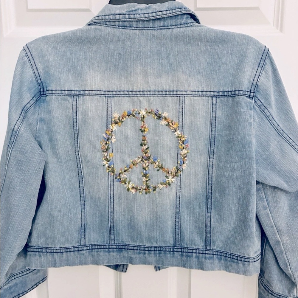 Hand Embroidered Upcycled Denim Peace Sign Daisy Cropped Jacket Fits Like Small